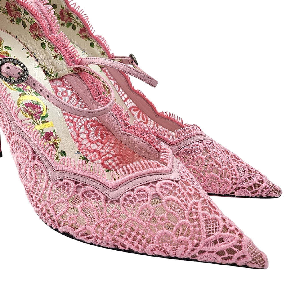Gucci Virginia Crystal Embellished Corded Lace Mary Jane Pumps Pale Pink 40.5 - Picture 4 of 14